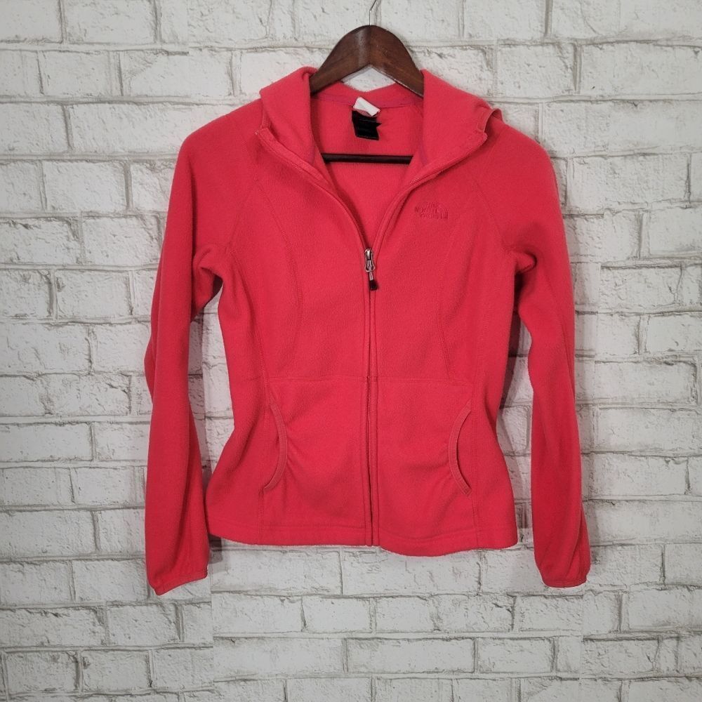 The North Face pink full zip hooded fleece jacket